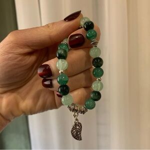 Green Beaded Bracelet with Silver Leaf Charm